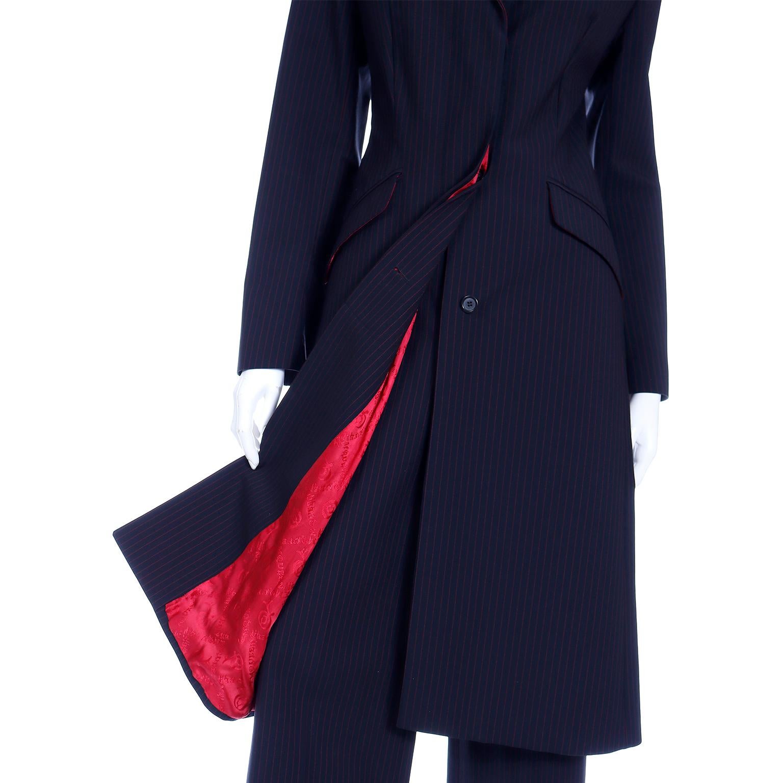 1998 Alexander McQueen Runway Joan Black & Red Pinstripe Long Coat Trouser Suit 3