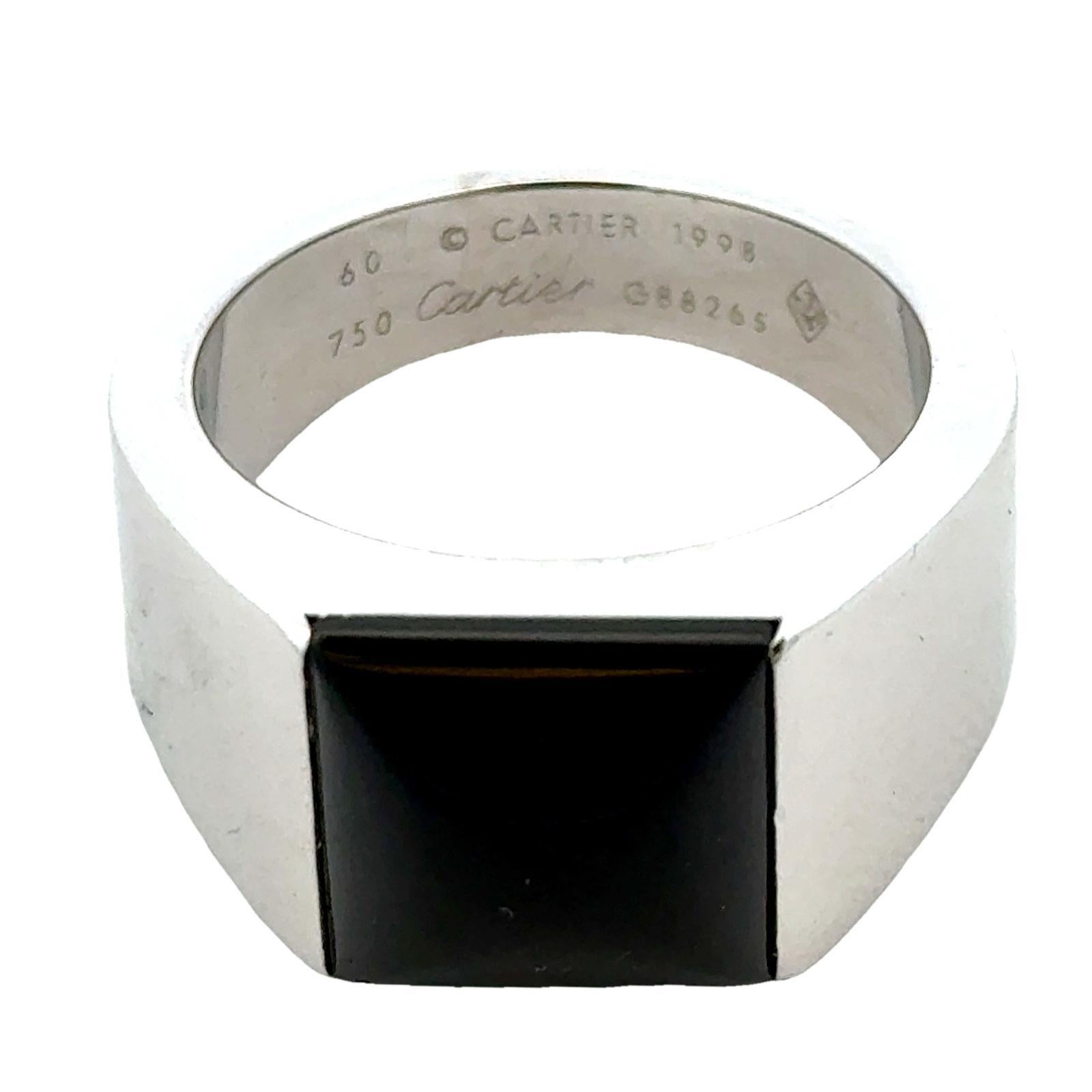 1998 Cartier Onyx 18 Kilates Oro Blanco Anillo Tanque Hombre Talla 60 Caja & Papeles Cabujón