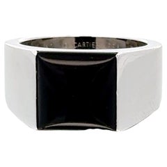 Vintage 1998 Cartier Onyx 18 Karat White Gold Men's Tank Ring Size 60 Box & Papers