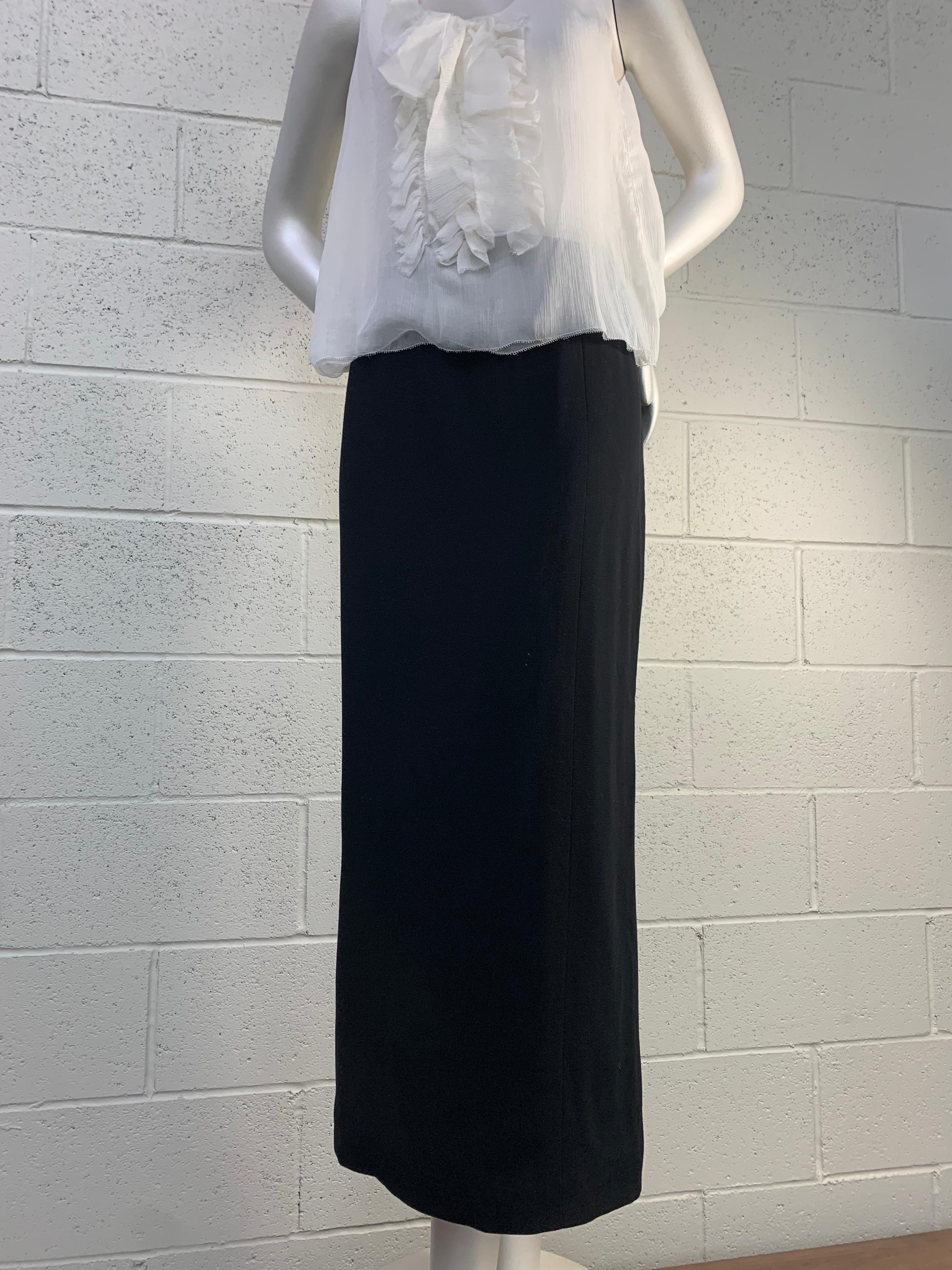 1998 Chanel Autumn Black Wool Crepe Pencil Skirt and White Silk Ruffled Camisole For Sale 6