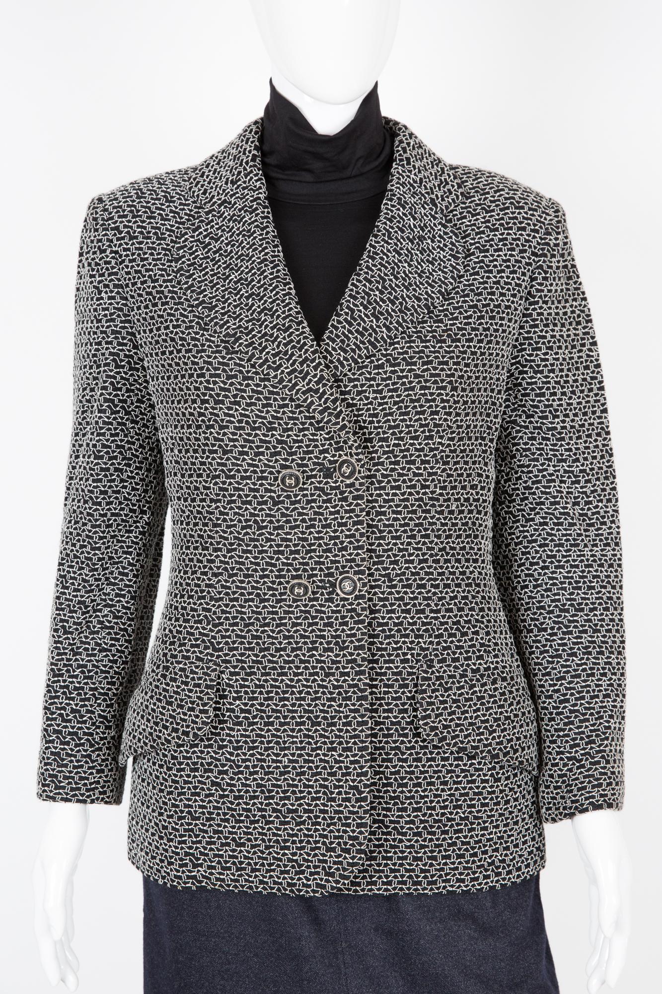 Women's 1998 Chanel Black Tweed Breasted Jacket For Sale