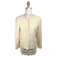 1998 Chanel Ivory Bouclé Tweed Fringe Jacket with CC Buttons FR 36