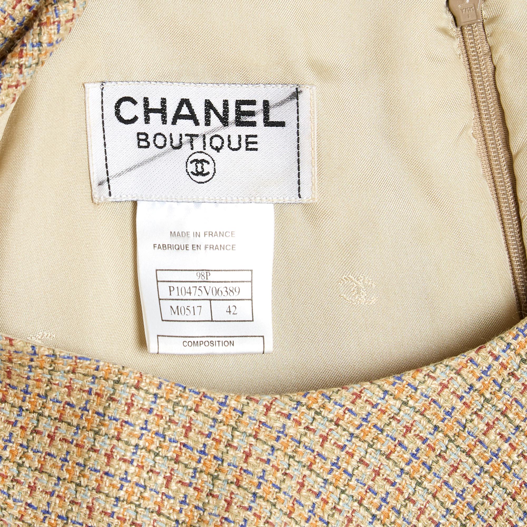 Women's 1998 Chanel Robe Beige FR42 Beige Wool Silk Tweed Dress US12 UK14