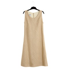 Vintage 1998 Chanel Robe Beige FR42 Beige Wool Silk Tweed Dress US12 UK14