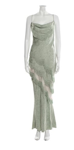 1998 Christian Dior by Galliano Green Fringe Gown with Sheer Panel