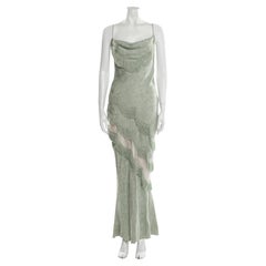 1998 Christian Dior by Galliano Green Fringe Gown with Sheer Panel