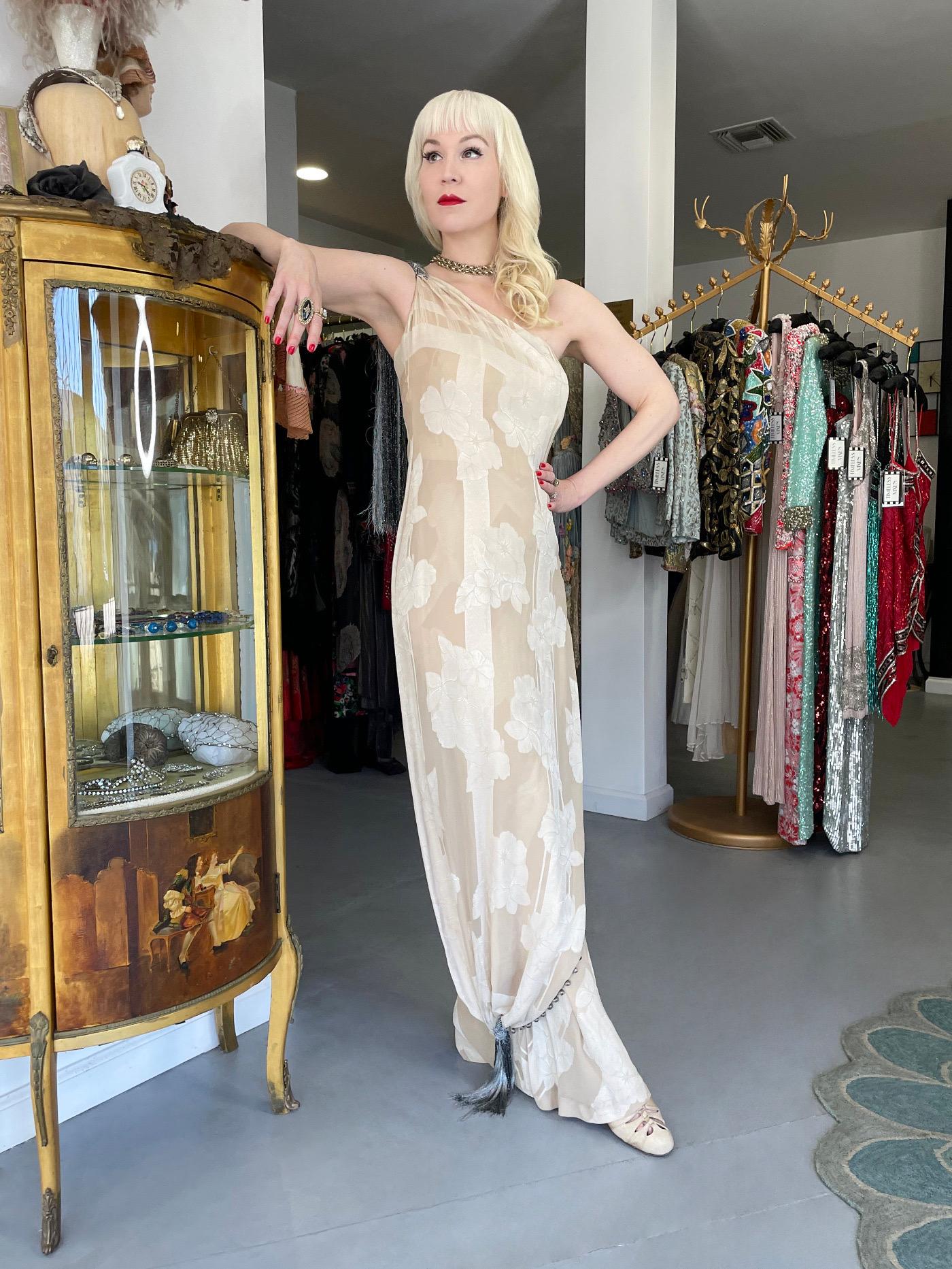 Beige 1998 Christian Dior by John Galliano Ivory Silk Beaded Tassels Grecian Gown