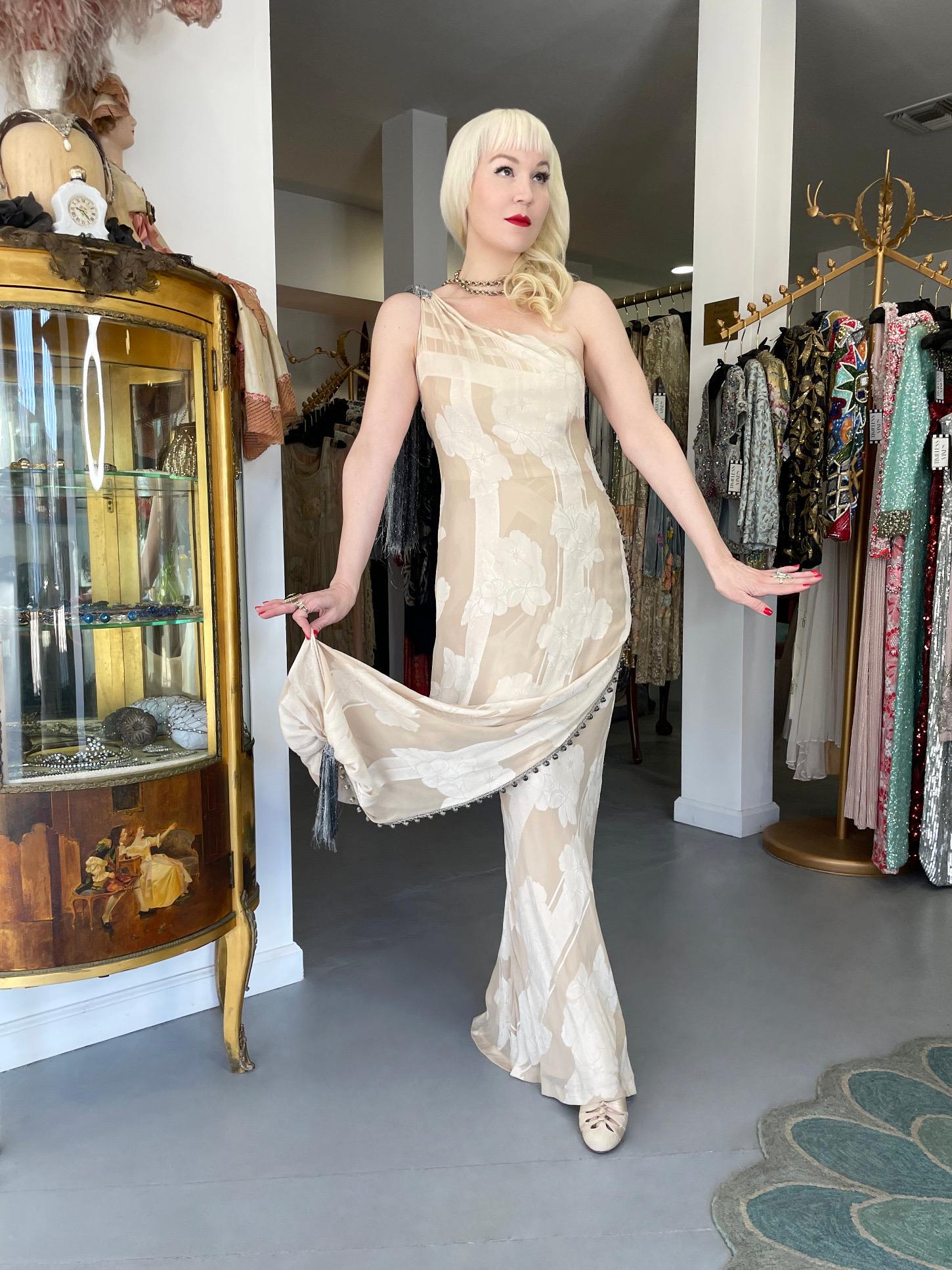Women's 1998 Christian Dior by John Galliano Ivory Silk Beaded Tassels Grecian Gown