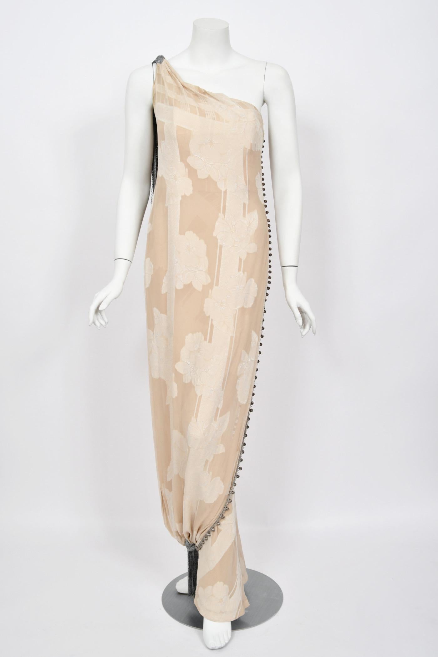 1998 Christian Dior by John Galliano Ivory Silk Beaded Tassels Grecian Gown 1