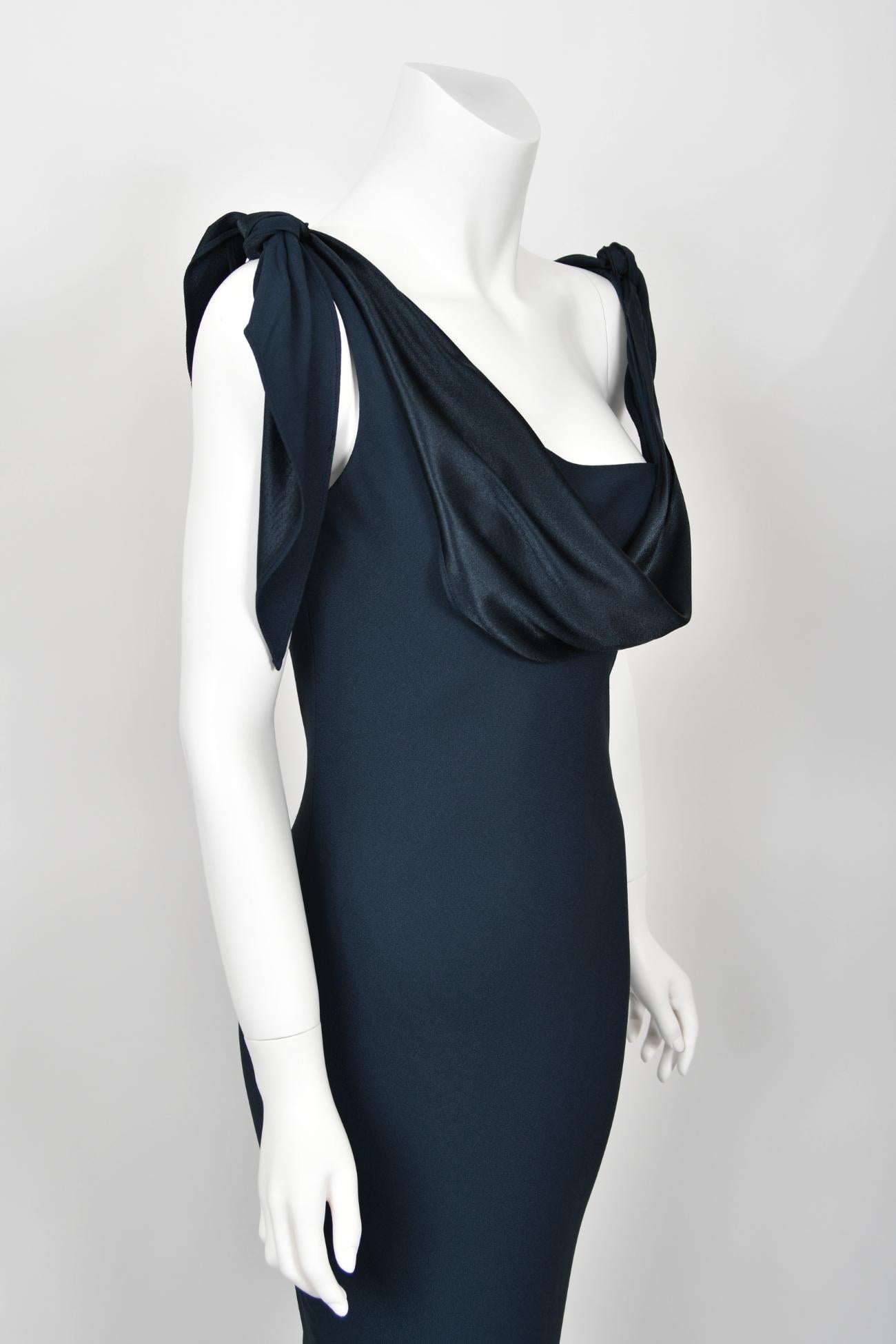 1998 Christian Dior by John Galliano Navy Blue Silk Draped Bias-Cut Evening Gown 1