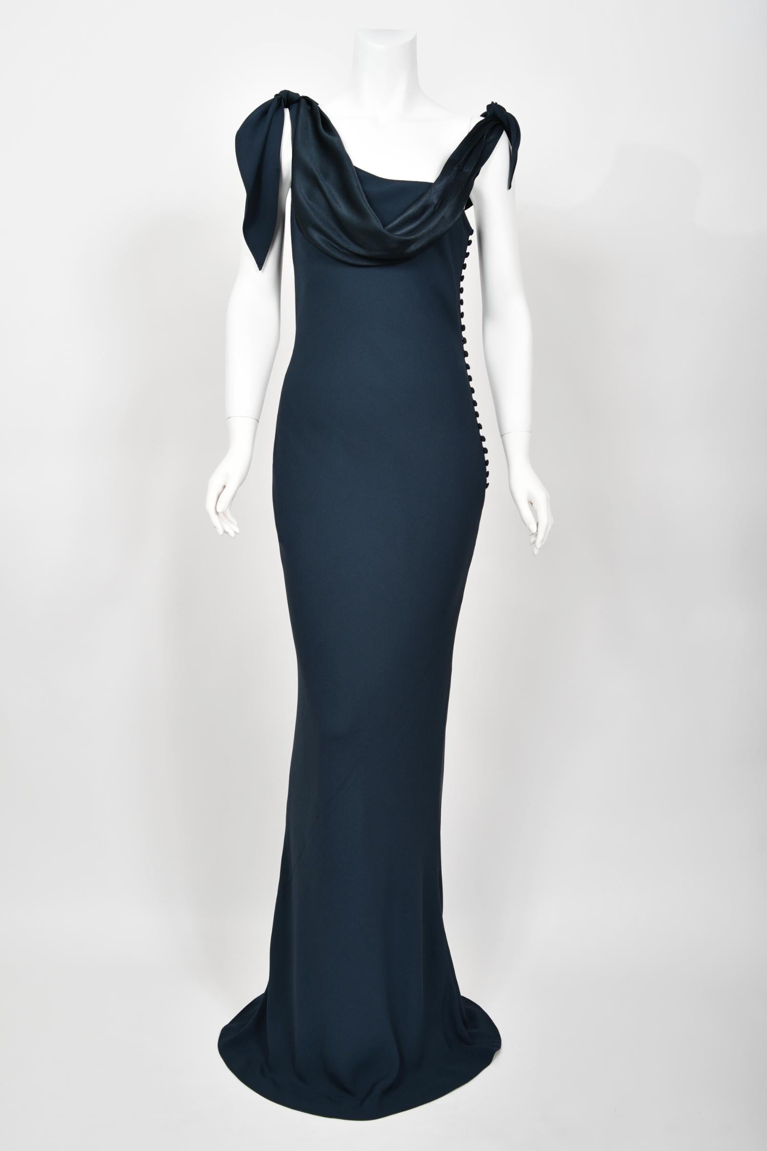 1998 Christian Dior by John Galliano Navy Blue Silk Draped Bias-Cut Evening Gown 2