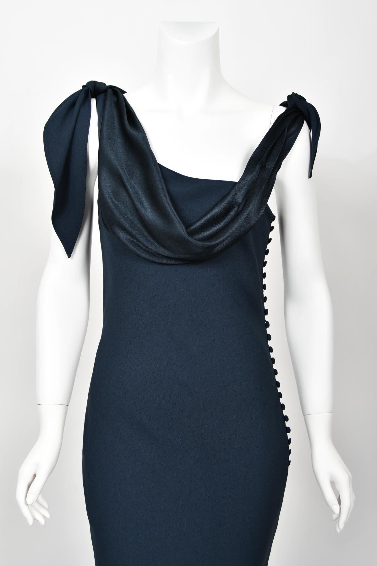 1998 Christian Dior by John Galliano Navy Blue Silk Draped Bias-Cut Evening Gown For Sale 3