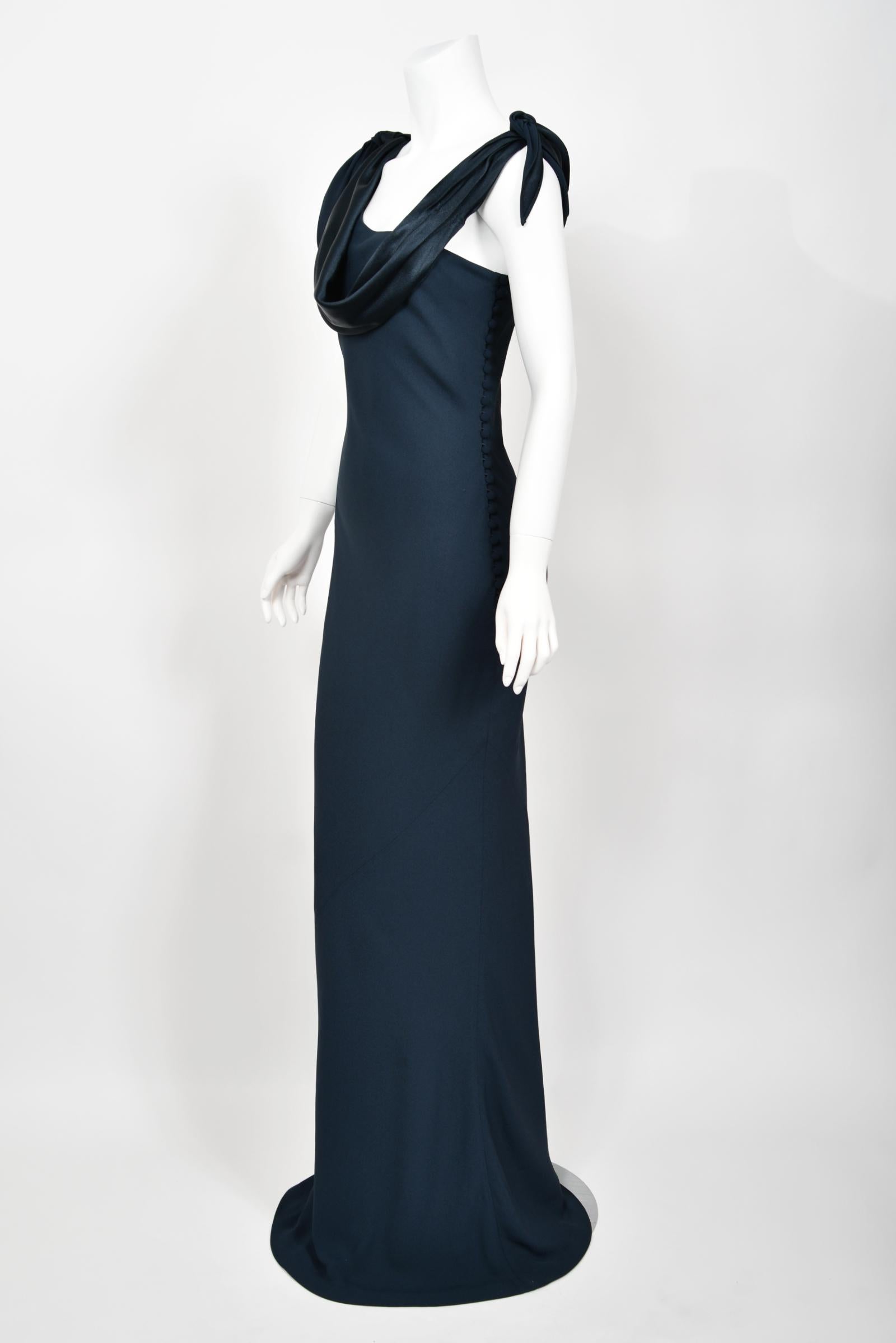 1998 Christian Dior by John Galliano Navy Blue Silk Draped Bias-Cut Evening Gown For Sale 5