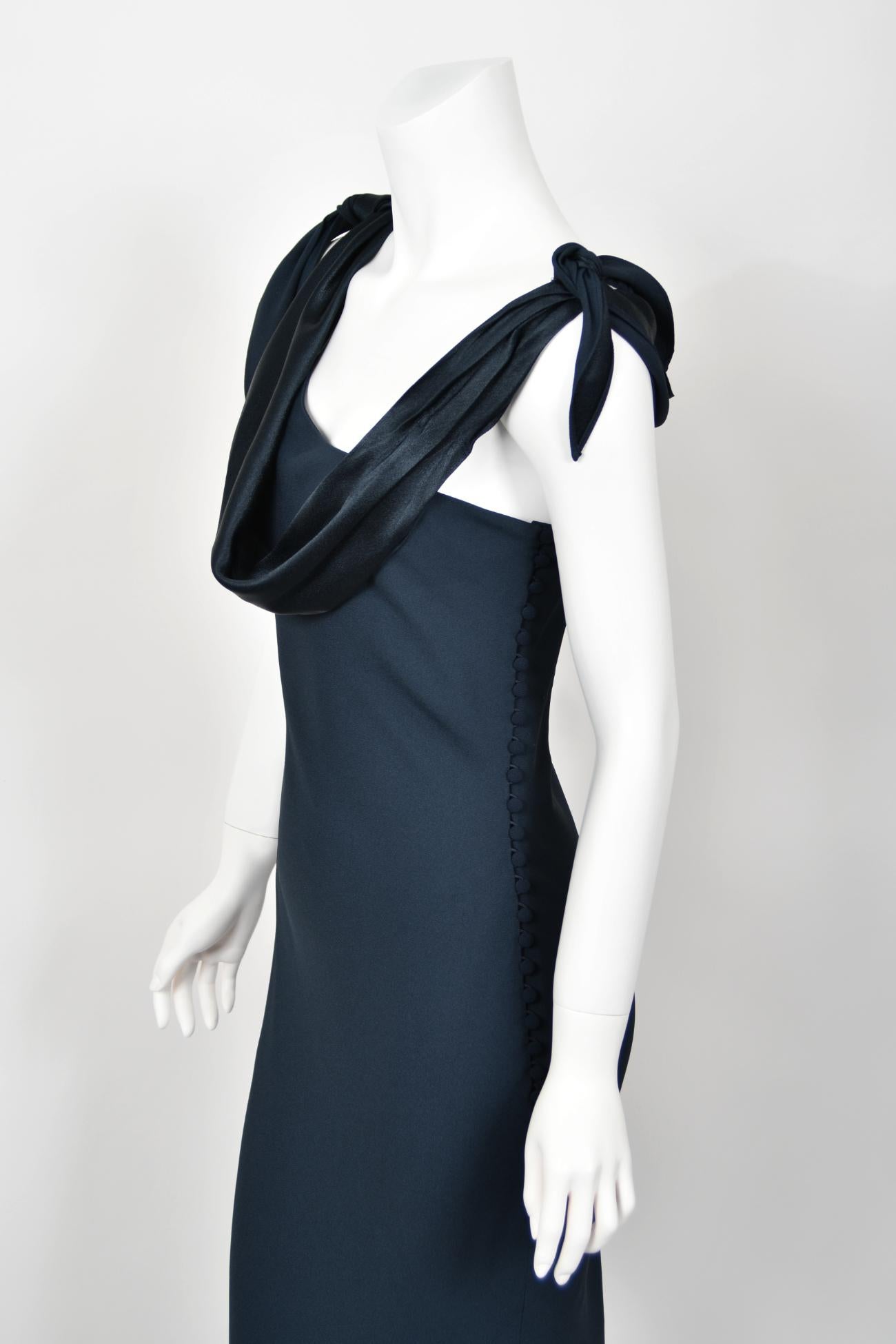 1998 Christian Dior by John Galliano Navy Blue Silk Draped Bias-Cut Evening Gown For Sale 6