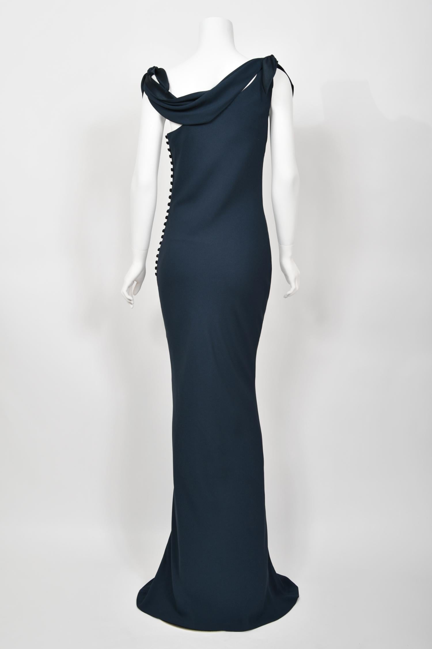 1998 Christian Dior by John Galliano Navy Blue Silk Draped Bias-Cut Evening Gown For Sale 7