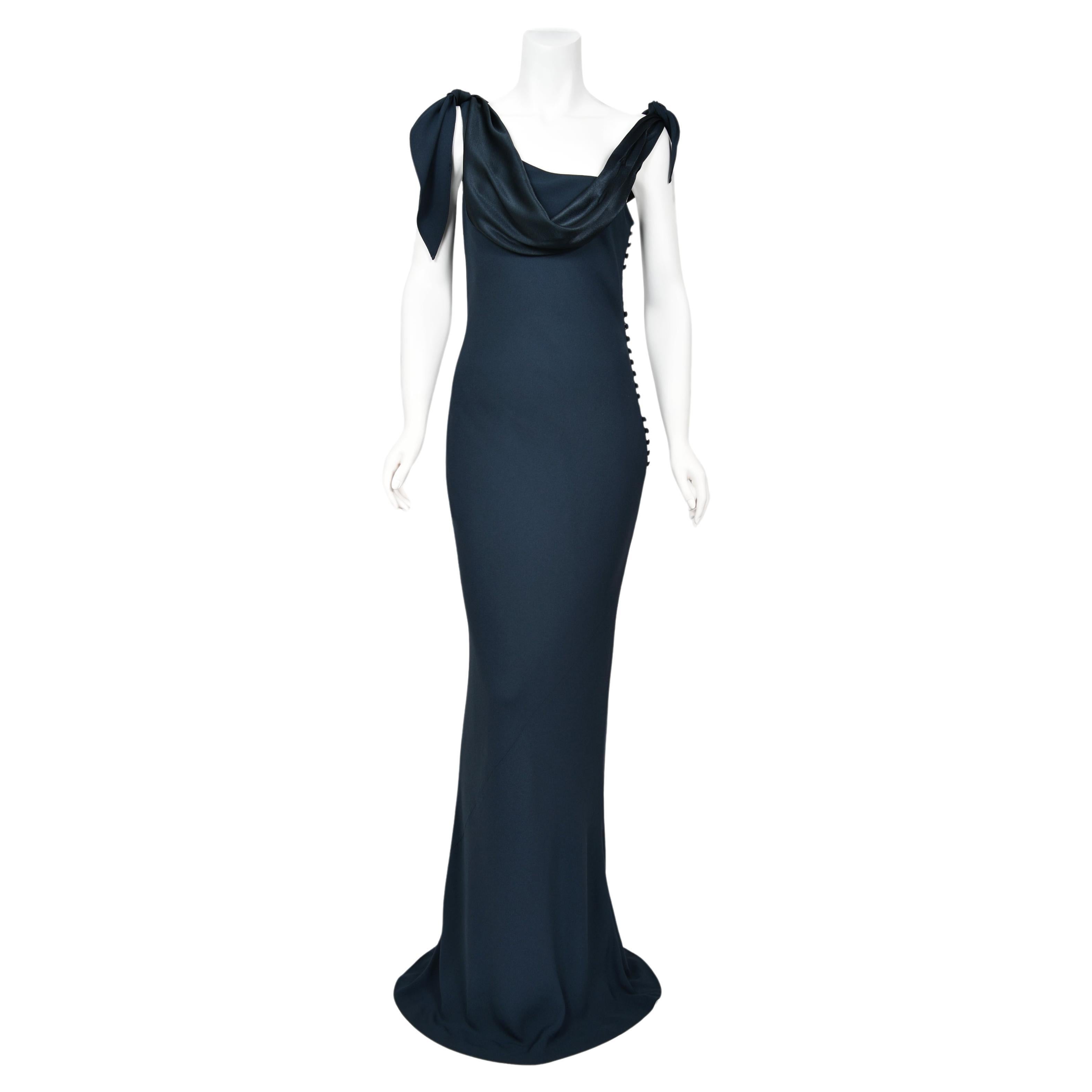 1998 Christian Dior by John Galliano Navy Blue Silk Draped Bias-Cut Evening Gown For Sale