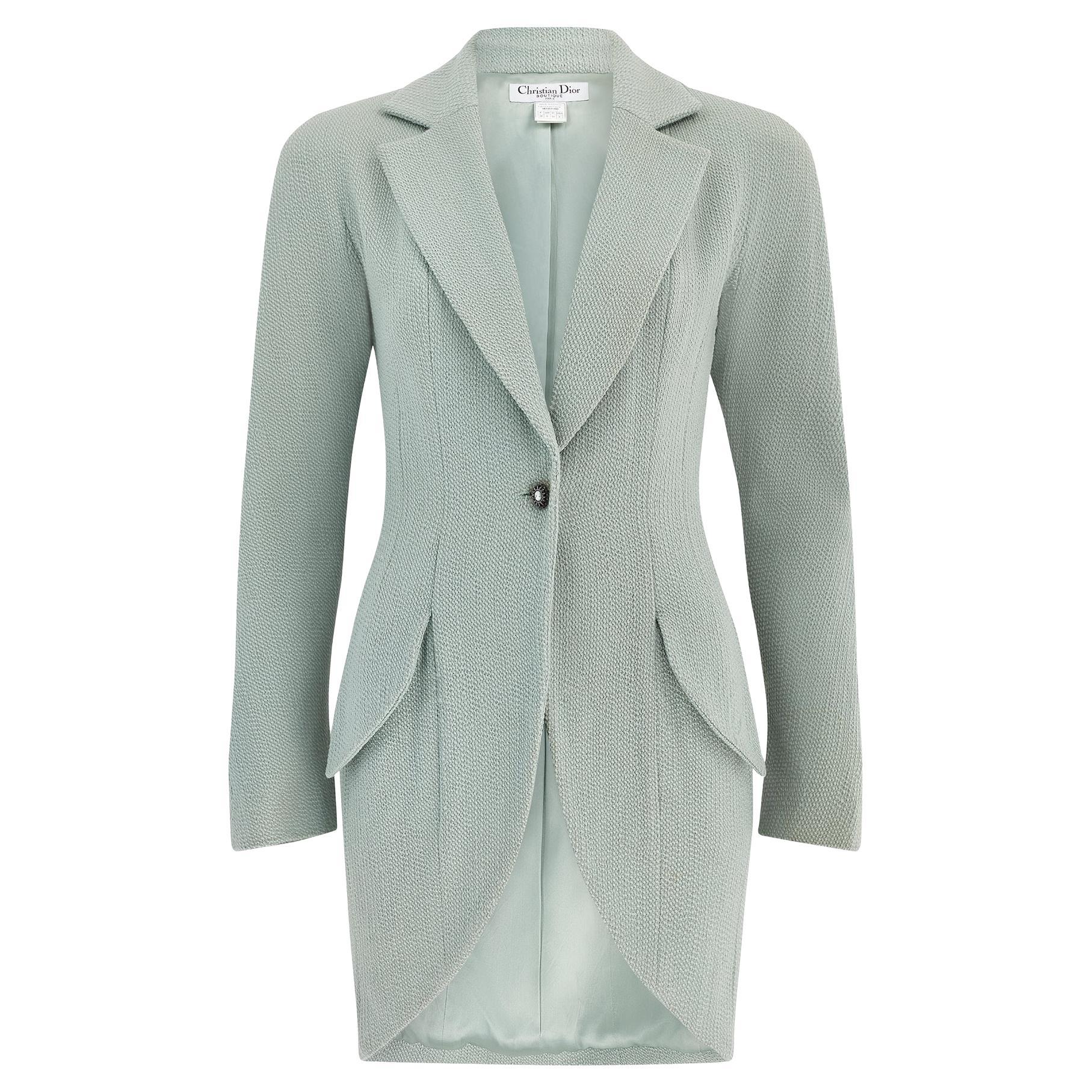 1998 Christian Dior Laufsteg Dokumentiert Seegrüne Verlängerte Jacke im Angebot