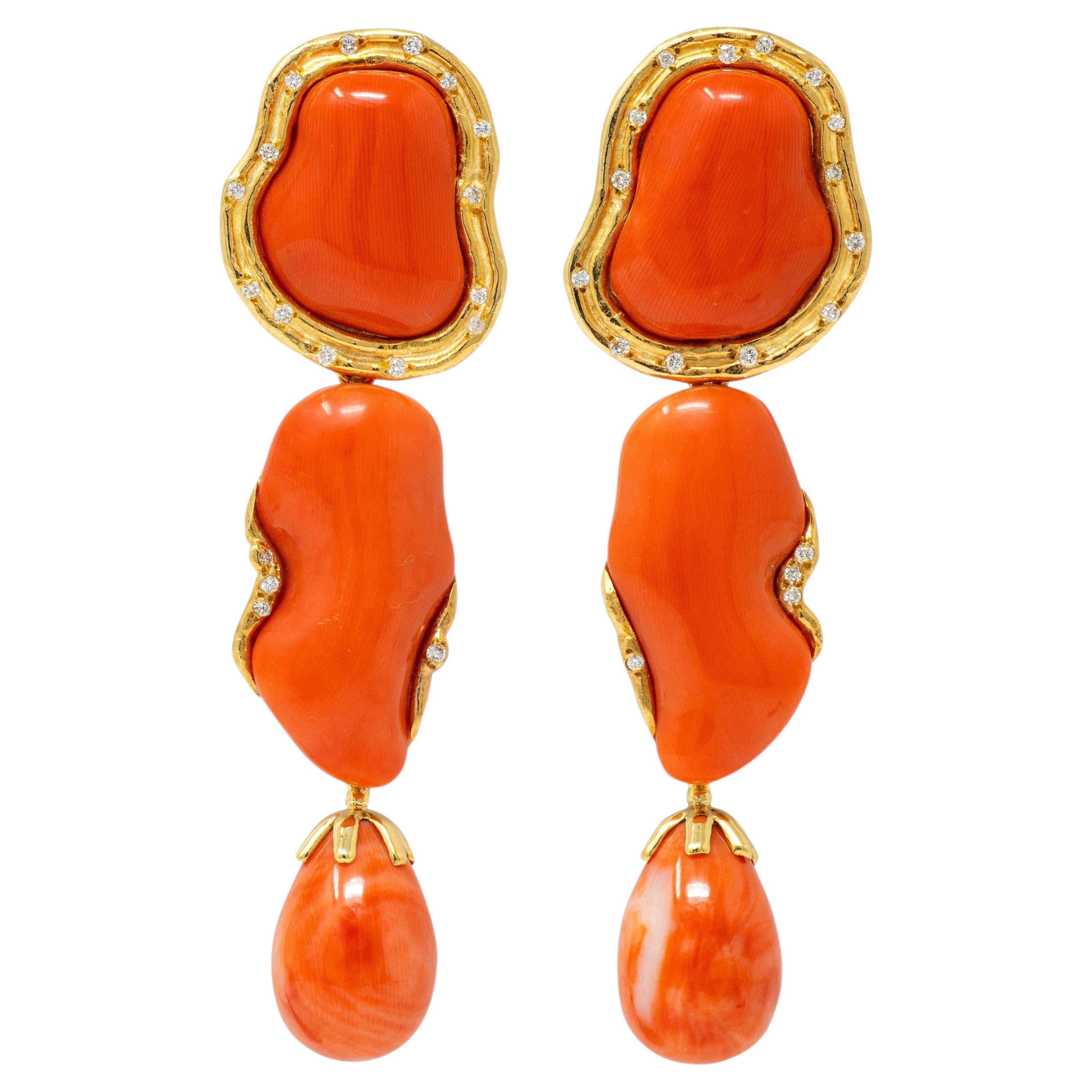 1998 Corail Diamant Or 18 K Vintage Day-To-Night Pendants d'oreilles clip