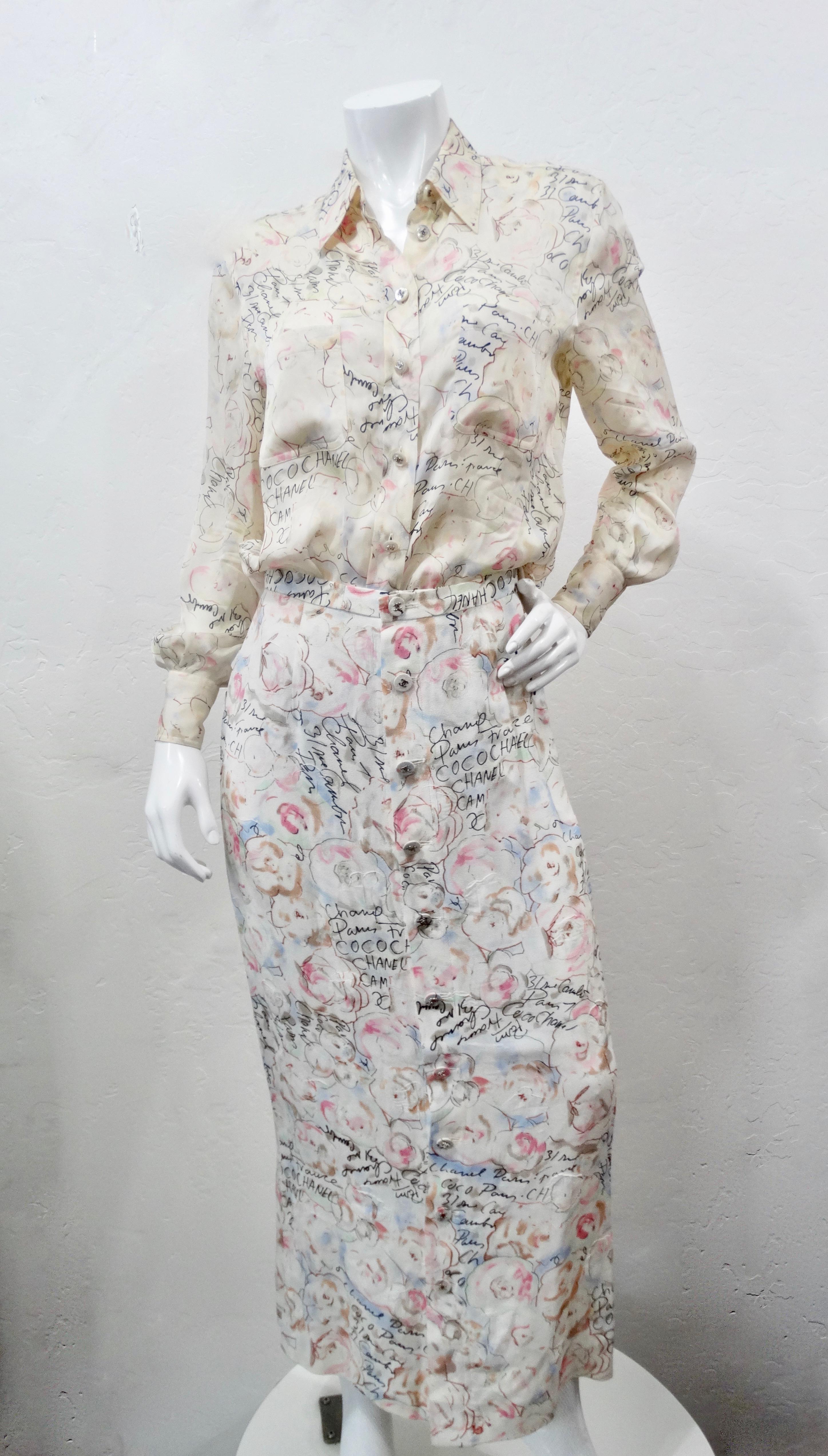 Chanel 1998 Cruise Camellia Flower Novelty Print Button Up Maxi Skirt 5