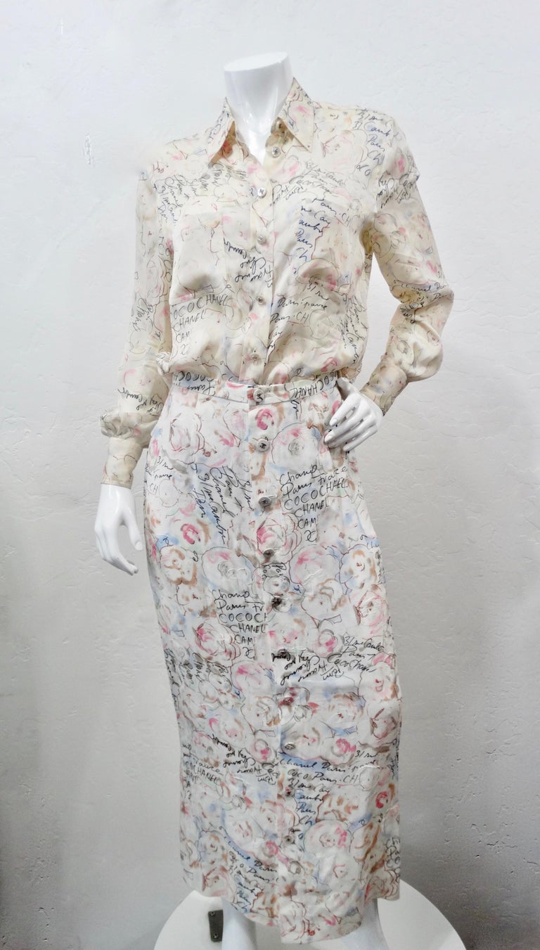 Chanel 1998 Cruise Camellia Flower Novelty Print Button Up Maxi Skirt ...