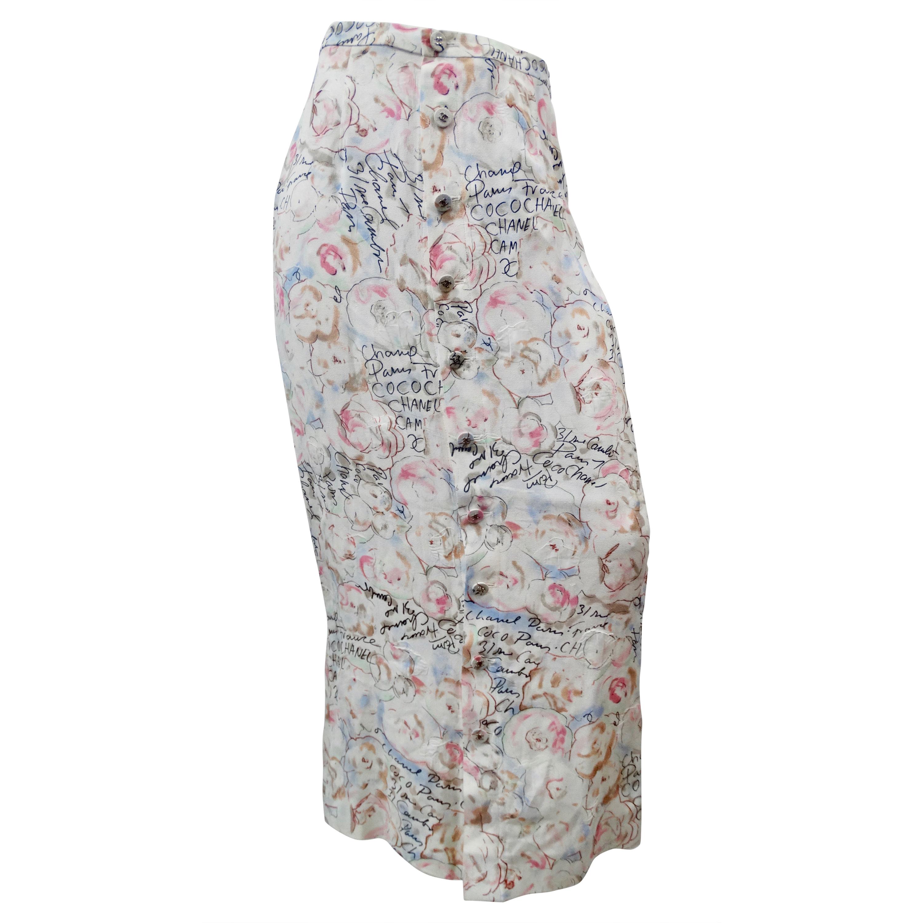 Chanel 1998 Cruise Camellia Flower Novelty Print Button Up Maxi Skirt