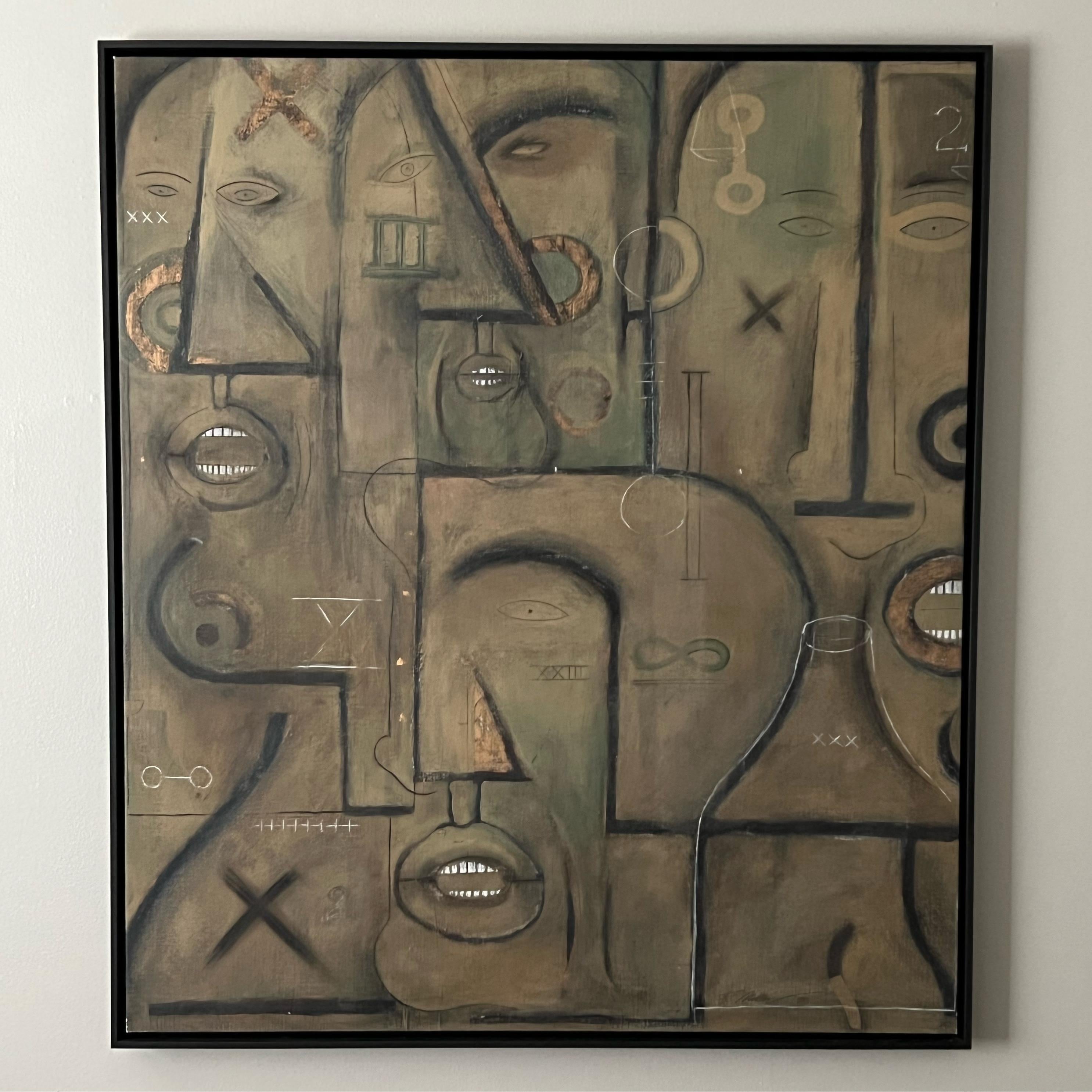 Cubist artwork, acrylic on canvas, by F. Miller, 1998. Dimensions: W42.5” x D2” x H49”.