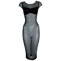 Retro 1998 Dolce & Gabbana Sheer Black Fishnet Mesh Wiggle Dress & Bra Set