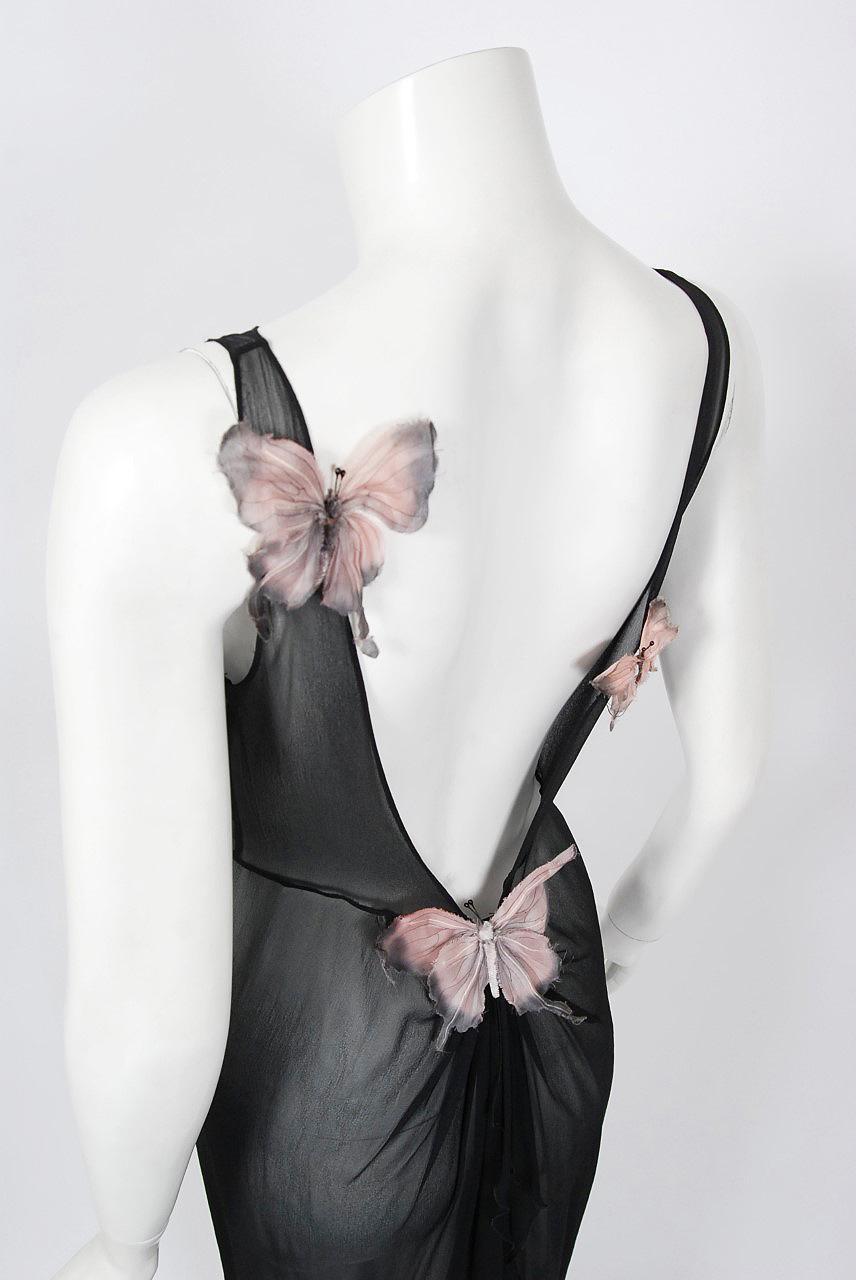 Black 1998 Dolce & Gabbana Stromboli Collection Butterfly Chiffon Backless Sheer Dress