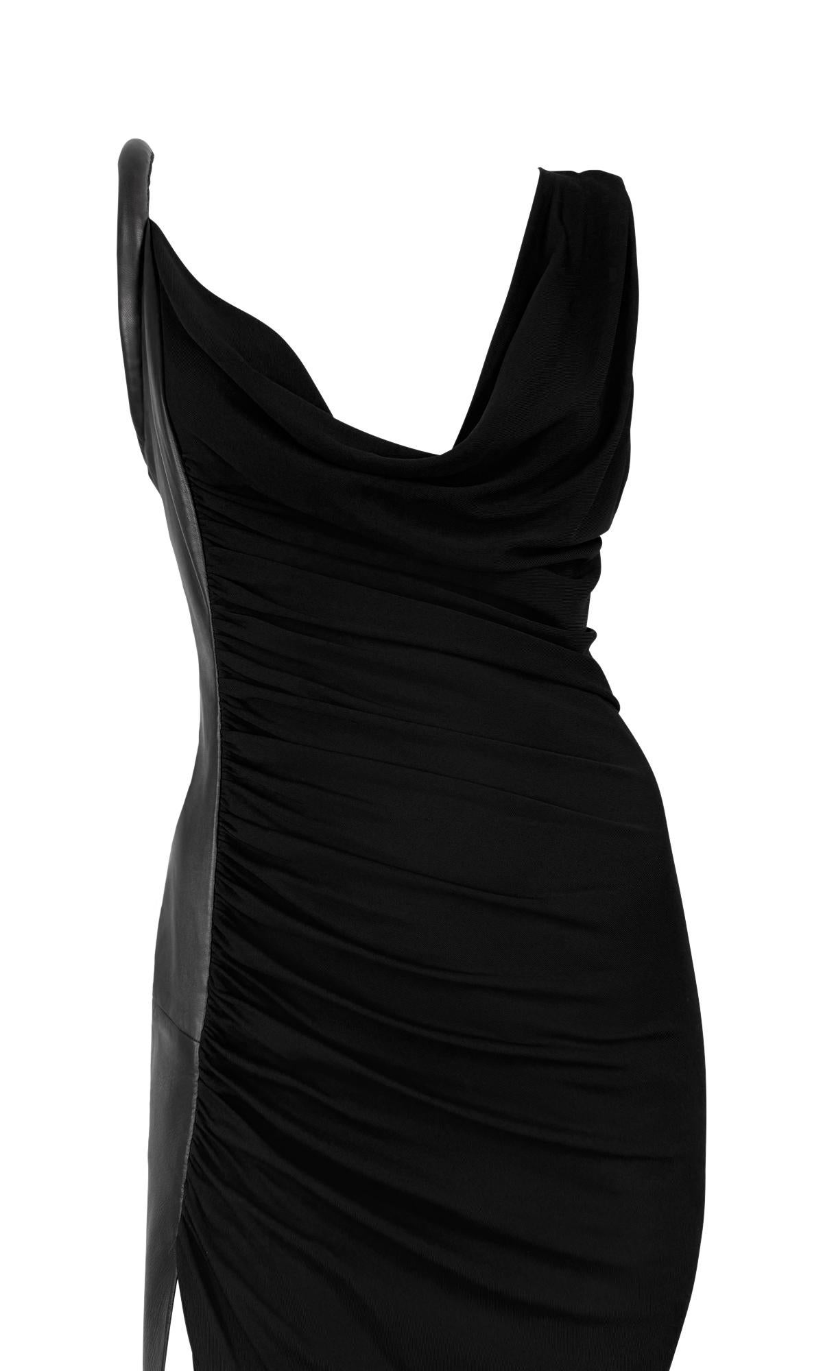 1998 Gianni Versace Black Leather Draped Viscose Bodycon Gown In Excellent Condition In West Hollywood, CA