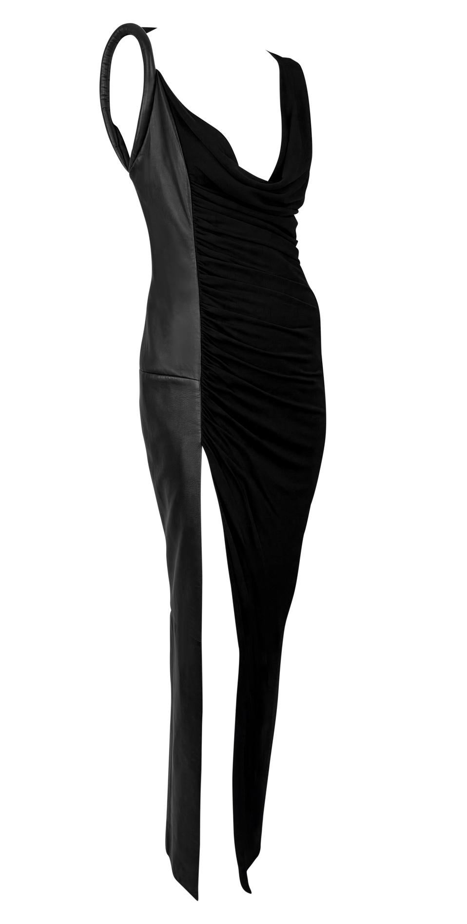 1998 Gianni Versace Black Leather Draped Viscose Bodycon Gown 1