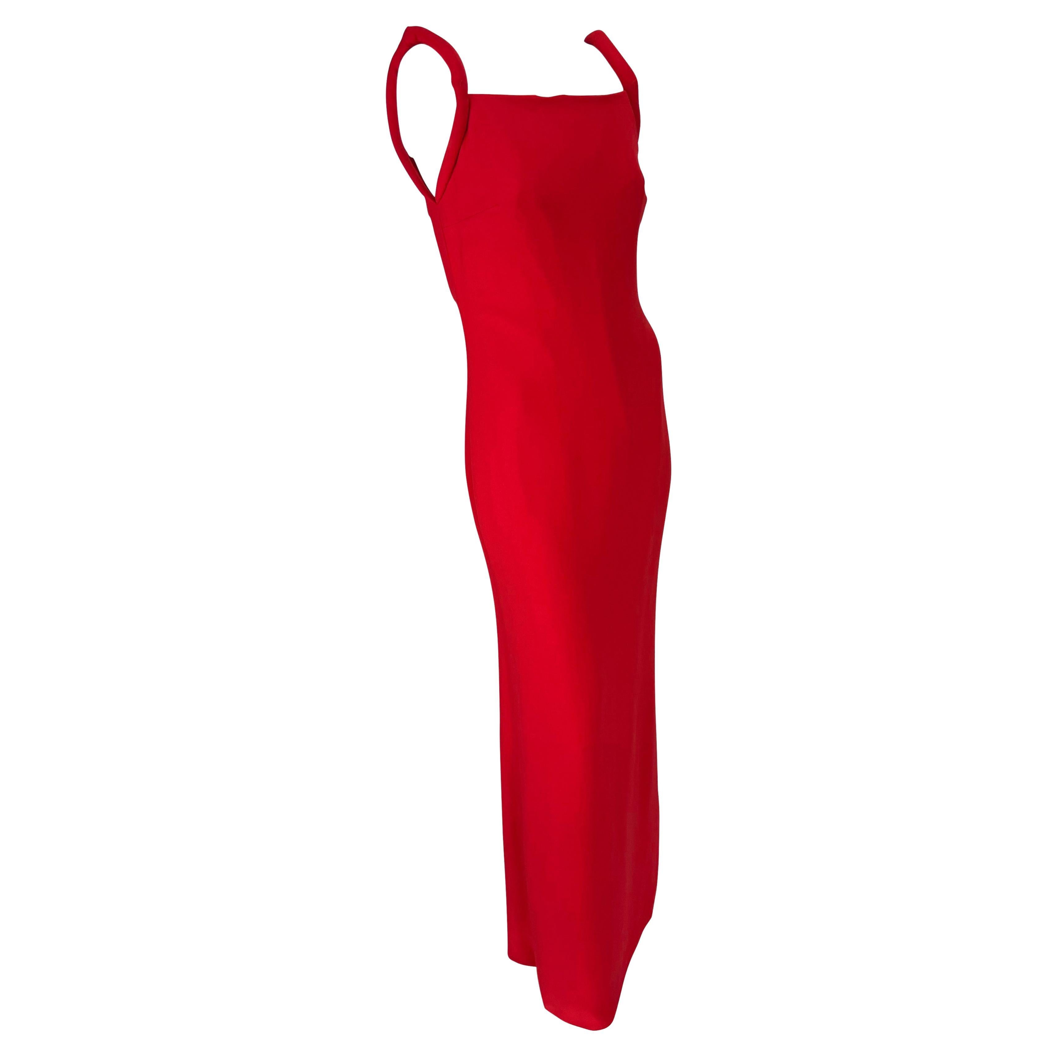 1998 Gianni Versace by Donatella Red Padded Strap Sleeveless Gown For Sale 1
