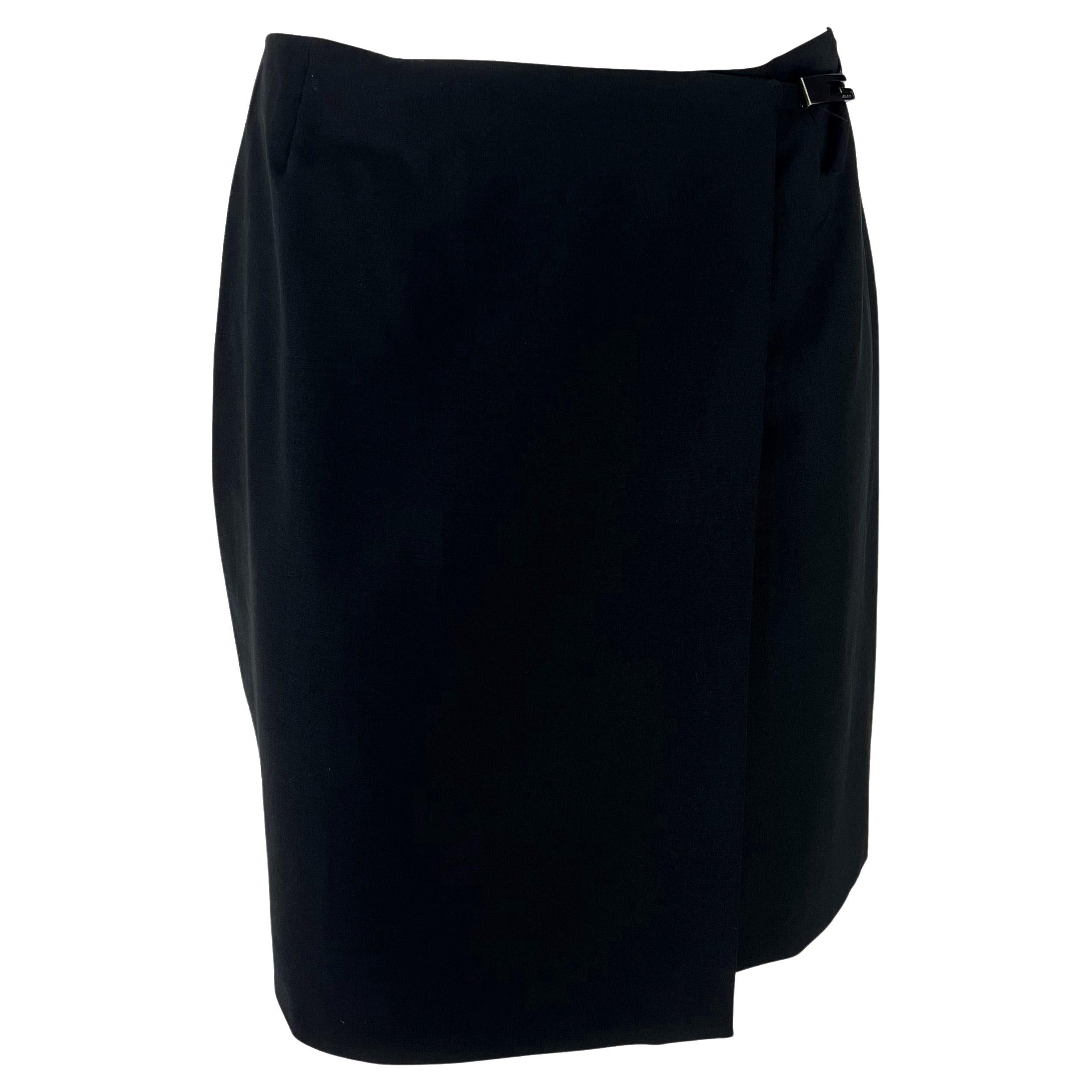 1998 Gucci by Tom Ford G Logo Buckle Wrap Black Stretch Wool Mini Skirt 1