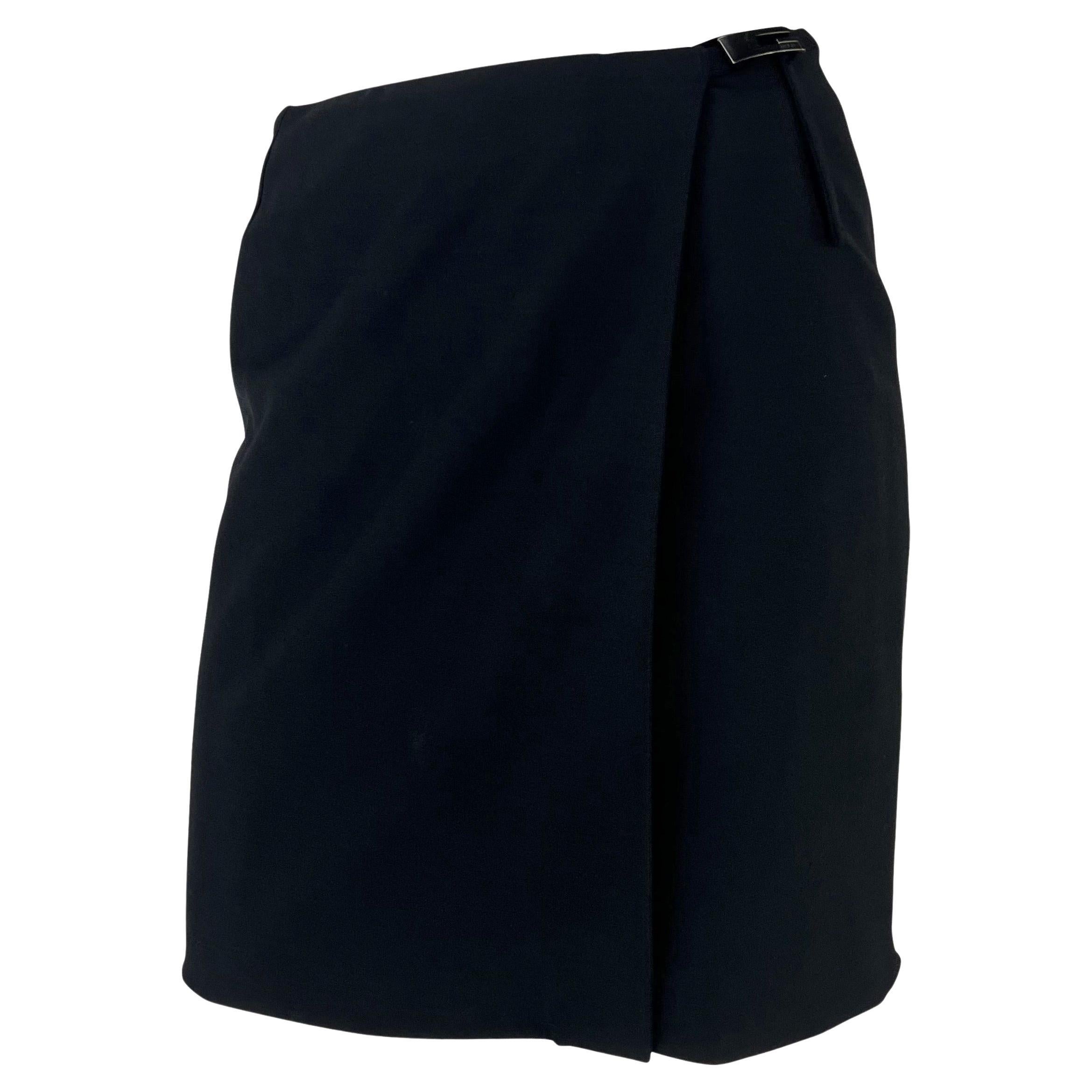 1998 Gucci by Tom Ford G Logo Buckle Wrap Black Stretch Wool Mini Skirt  For Sale
