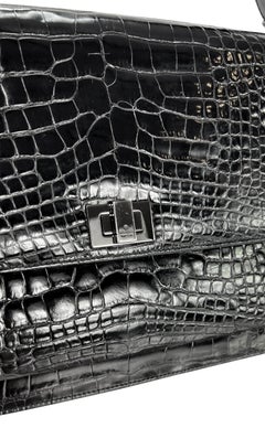 1998 Gucci by Tom Ford Genuine Alligator Skin Glossy Black Flat Shoulder Bag