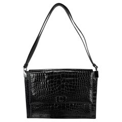 1998 Gucci by Tom Ford Borsa a tracolla piatta nera lucida in vera pelle di alligatore