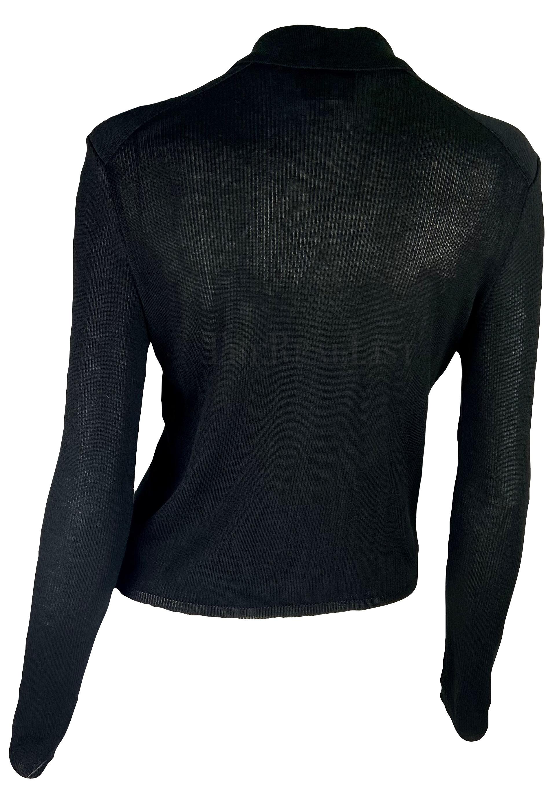 1998 Gucci by Tom Ford Semi-Sheer Ribbed Stretch Sheer Knit Black Button-Up Top For Sale 1