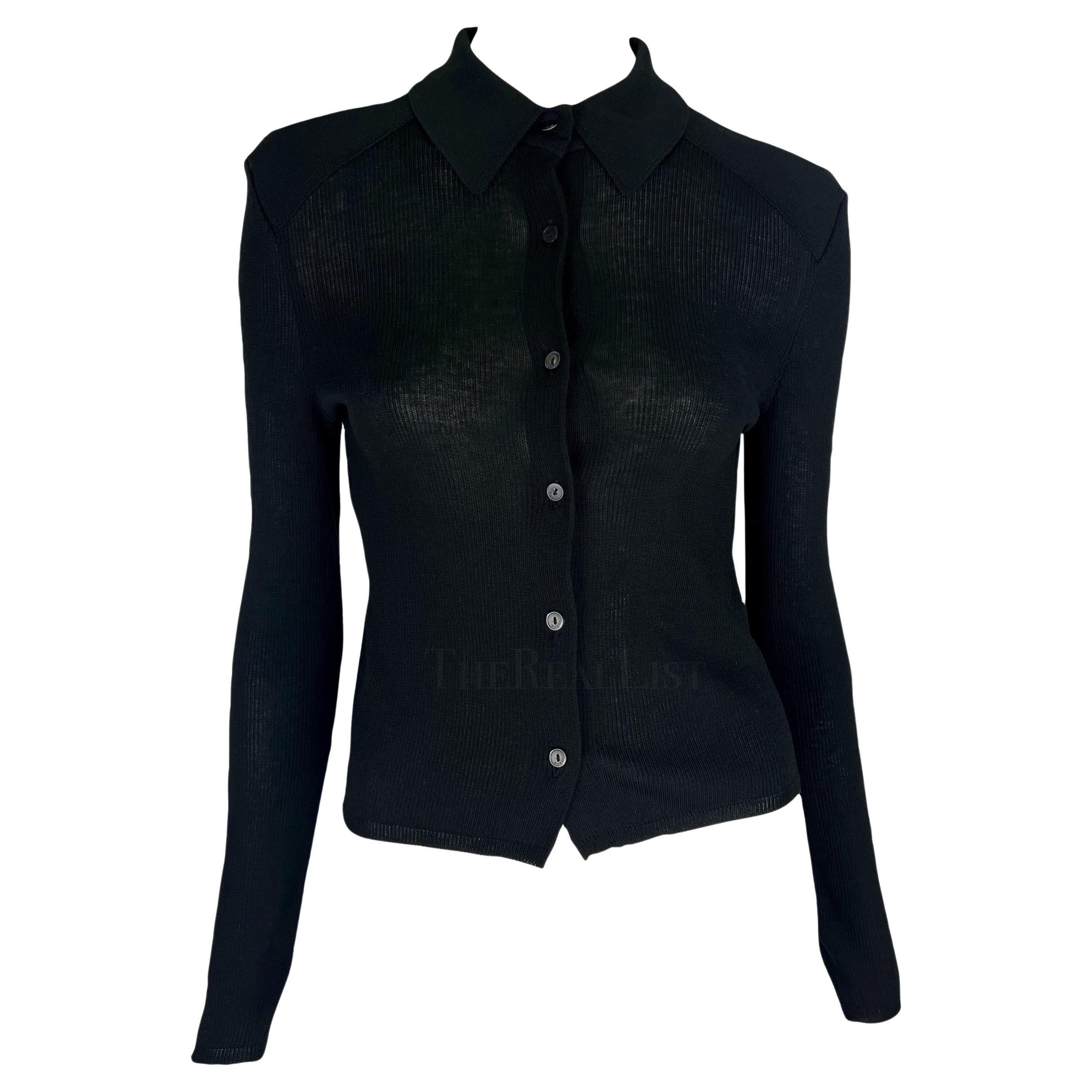 1998 Gucci by Tom Ford Semi-Sheer Ribbed Stretch Sheer Knit Black Button-Up Top For Sale