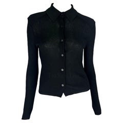 Retro 1998 Gucci by Tom Ford Semi-Sheer Ribbed Stretch Sheer Knit Black Button-Up Top