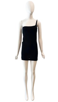 1998 Gucci Tom Ford Slinky Black One Shoulder Gucci Logo Buckle Mini Dress
