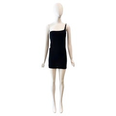 1998 Gucci Tom Ford Slinky Black One Shoulder Gucci Logo Buckle Mini Dress