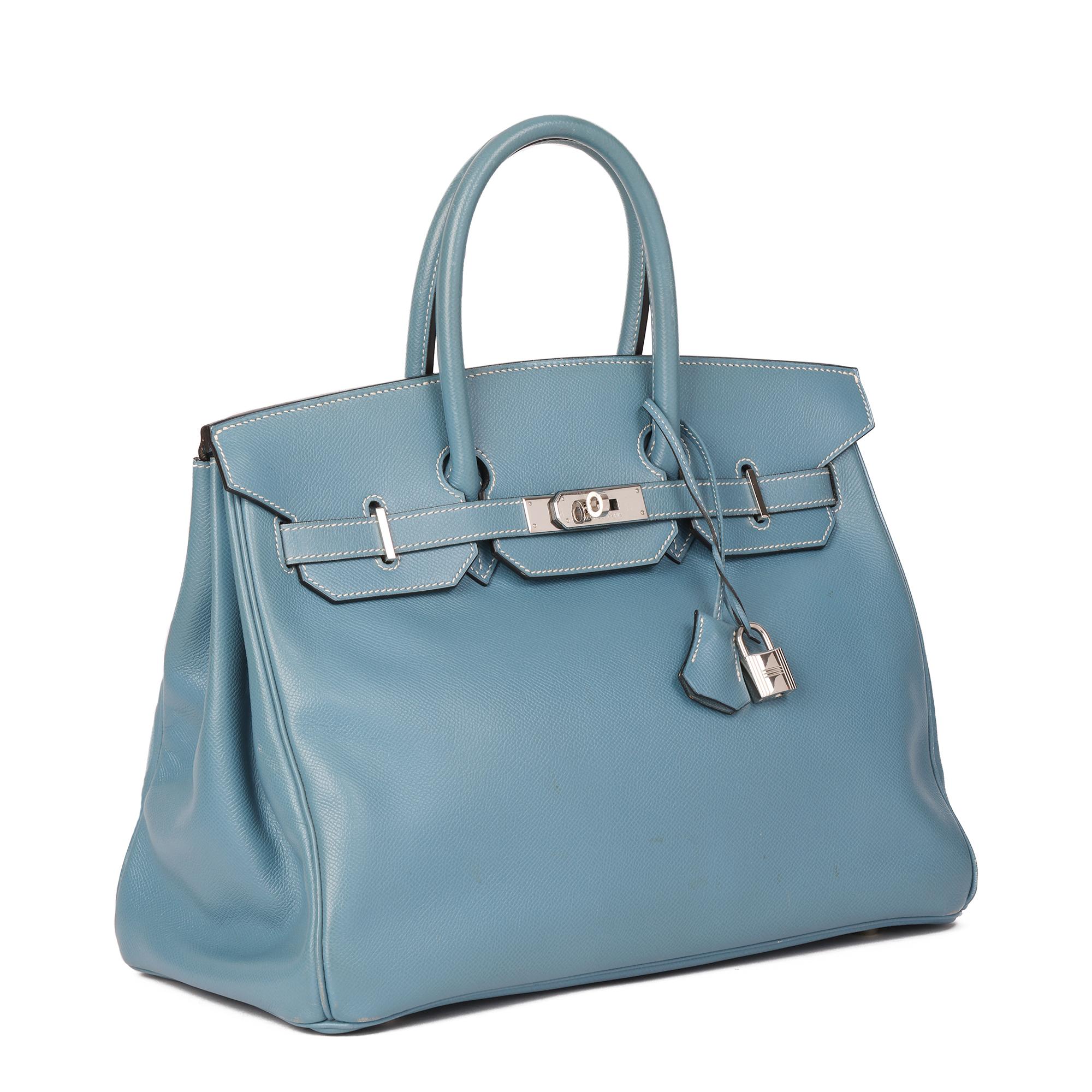 HERMÈS
Blue Jean Epsom Leather Birkin 35cm Retourne

Xupes Reference: CB470
Serial Number: [B]
Age (Circa): 1998
Accompanied By: Hermès Dust Bag, Padlock, Keys, Clochette
Authenticity Details: Date Stamp (Made in France)
Gender: Ladies
Type: