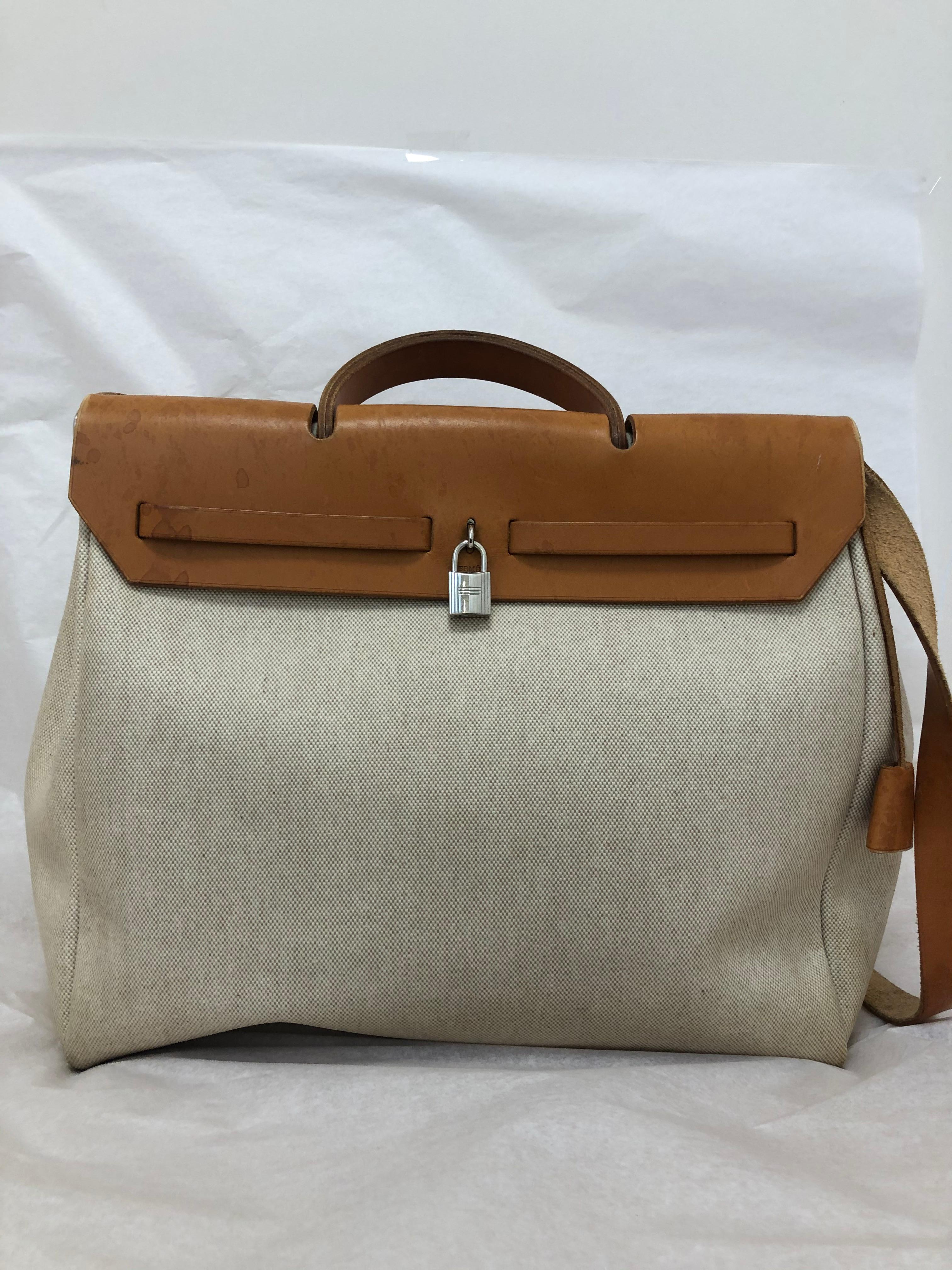1998 HERMES Large Beige Canvas and Tan Leather Herbag w/Canvas Protector 2