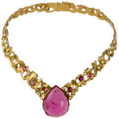 1998 John Donald Cabochon Pink Tourmaline, Diamond and Gold Necklace