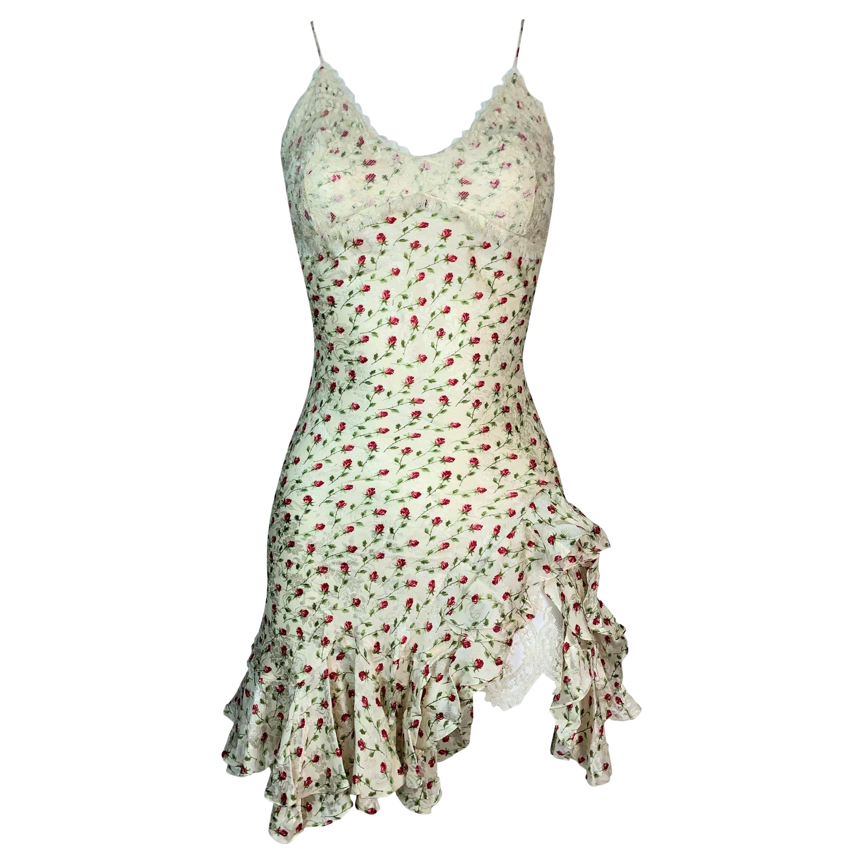 S/S 1997 John Galliano Ivory Silk Floral Can-Can High Slit Lace Mini Dress For Sale