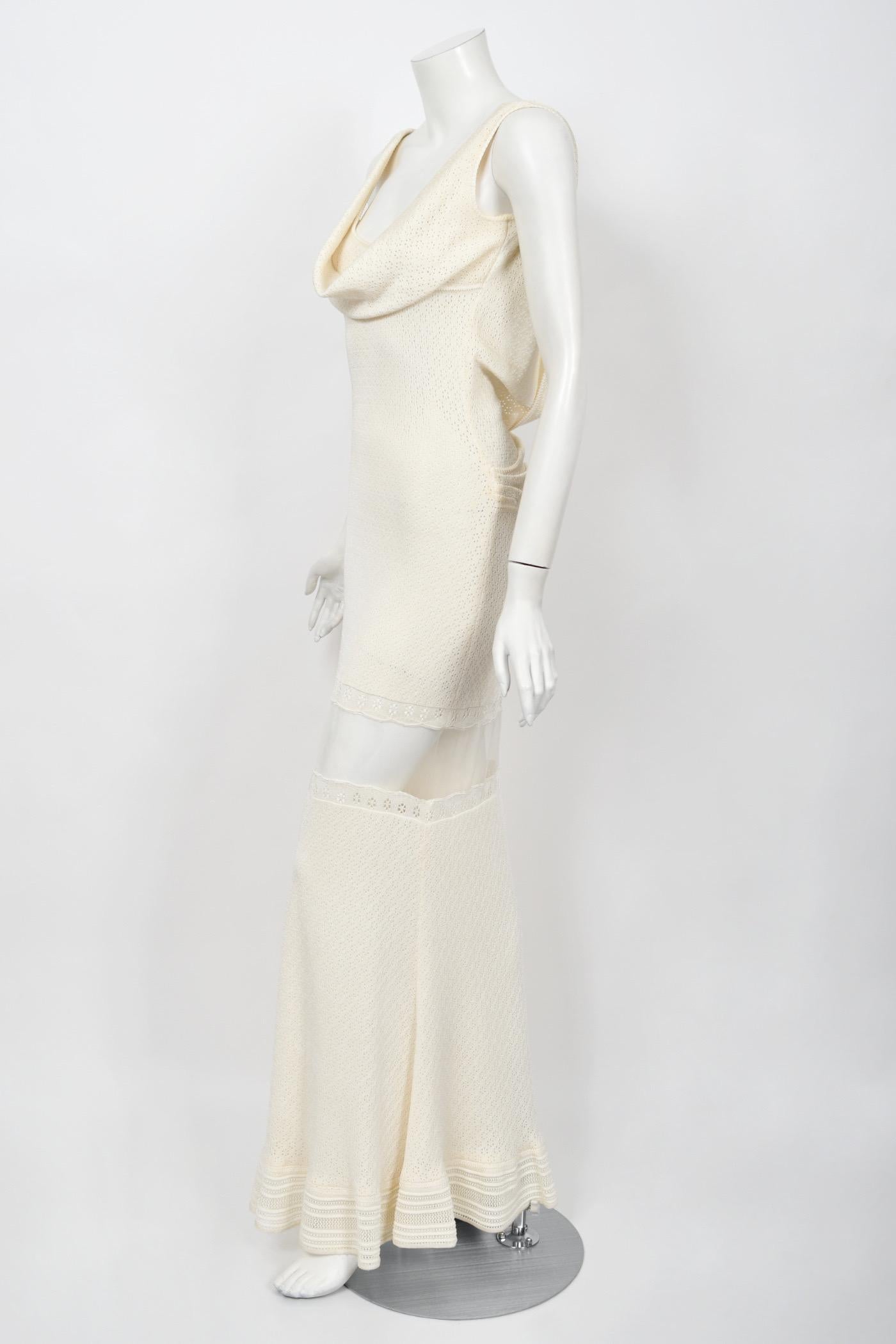 1998 John Galliano Runway Ivory Stretch Knit Sheer Bias-Cut Backless Bridal Gown 6