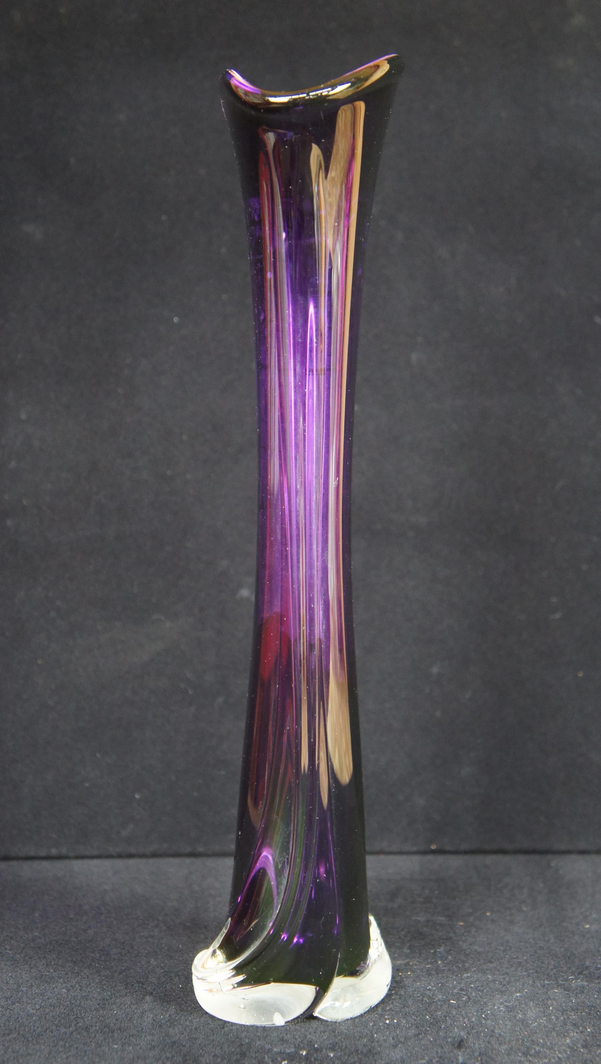 1998 Matthew Buechner Purple Thames Tulip Hand Blown Art Glass Fan Flower Vase 3