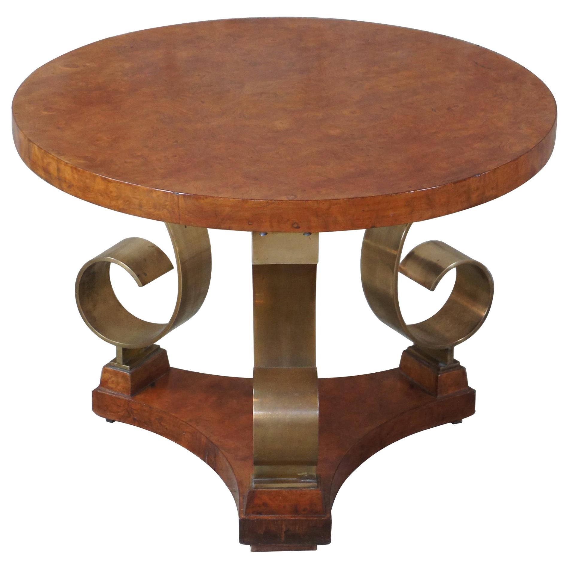 Italian Neoclassical Olive Burl Scrolled Brass Round Gueridon Martini Table MCM For Sale