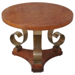 Mesa de Martini Gueridón Neoclásica Italiana de Burl de Olivo con Volutas de Latón MCM