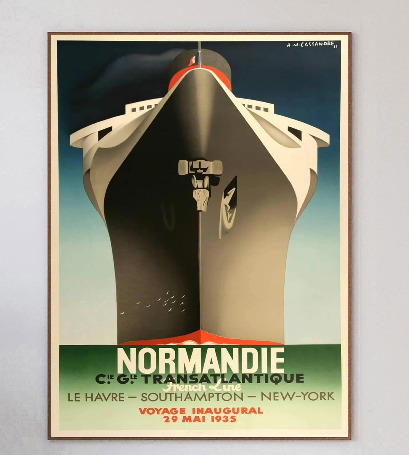 A truly beautiful poster from one of the all time great poster designers. French-Ukranian artist A.M. Cassandre's created this design in 1935 for the Normandie cruises maiden voyage for the Compagnie Générale Transatlantique on 29th May 1935. The