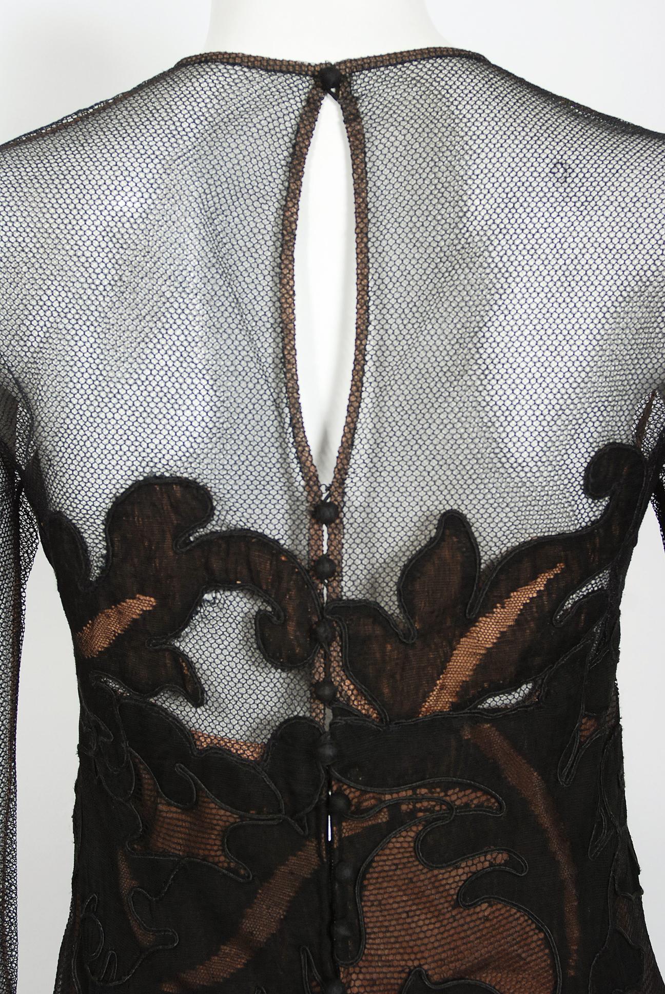 Vintage 1998 Pierre Balmain Haute Couture Sheer Illusion Appliqué Net Lace Gown For Sale 3